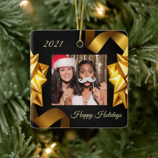 ブラックと金ゴールドパーソナライズされたの飾り セラミックオーナメント (ツリー)