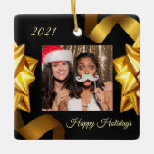 ブラックと金ゴールドパーソナライズされたの飾り セラミックオーナメント (正面)