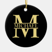ブラックと金ゴールドパーソナライズされたモノグラムと名前 セラミックオーナメント (正面)