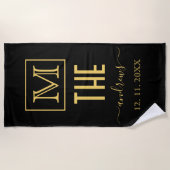 ブラックと金ゴールドパーソナライズされたモノグラムと名前 ビーチタオル (正面)