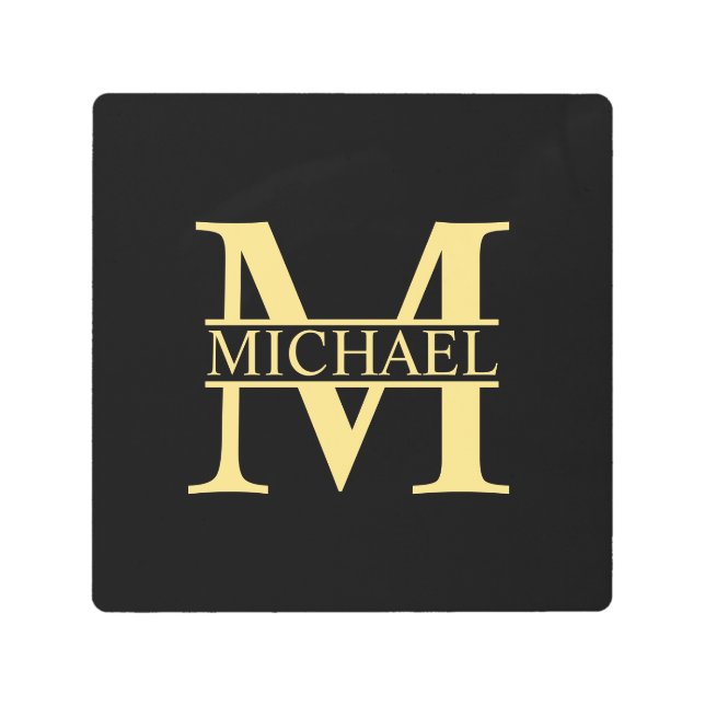 ブラックと金ゴールドパーソナライズされたモノグラムと名前 メタルプリント (正面)