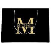 ブラックと金ゴールドパーソナライズされたモノグラムと名前 ラージペーパーバッグ (正面)