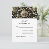 ブラックと金ゴールドフローラヴィンテージウェディングRSVP 出欠カード (スタンド正面)