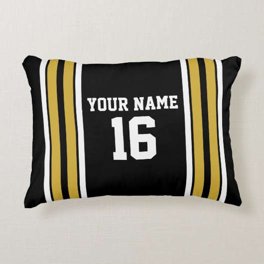 ブラックと金ゴールドホワイトストライプズのチームジャージー アクセントクッション (正面)