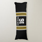 ブラックと金ゴールドホワイトストライプズのチームジャージー ボディピロー (正面縦)