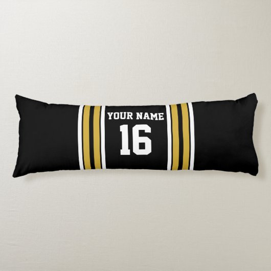 ブラックと金ゴールドホワイトストライプズのチームジャージー ボディピロー (正面)