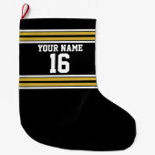 ブラックと金ゴールドホワイトストライプズのチームジャージー ラージクリスマスストッキング (正面)