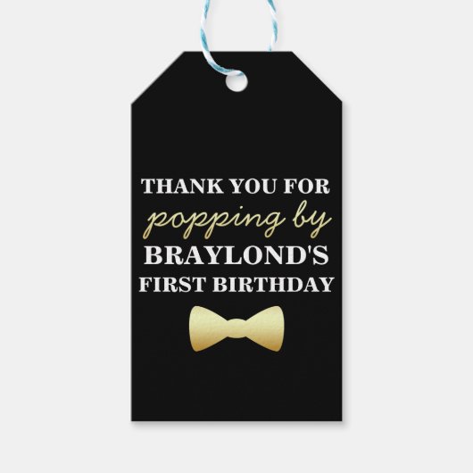 ブラックと金ゴールドポップコーンラベルとボウタイ ギフトタグ (正面)