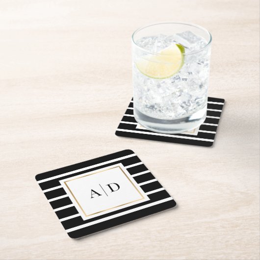 ブラックと金ゴールドモノグラムのの結婚紙コースター スクエアペーパーコースター (インサイチュ)