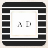 ブラックと金ゴールドモノグラムのの結婚紙コースター スクエアペーパーコースター (正面)