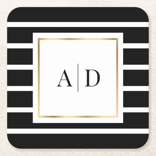 ブラックと金ゴールドモノグラムのの結婚紙コースター スクエアペーパーコースター (正面)