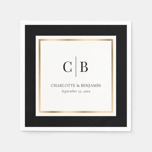 ブラックと金ゴールドモノグラム結婚ズ スタンダードカクテルナプキン (正面)