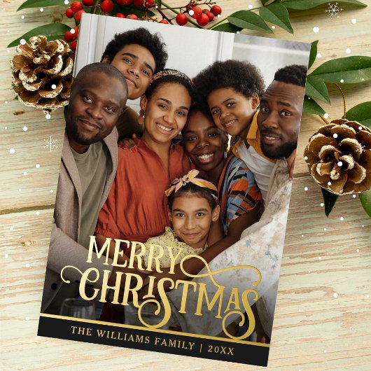 ブラックと金ゴールド実在ホイルワンフォトメリークリスマス 箔シーズンカード