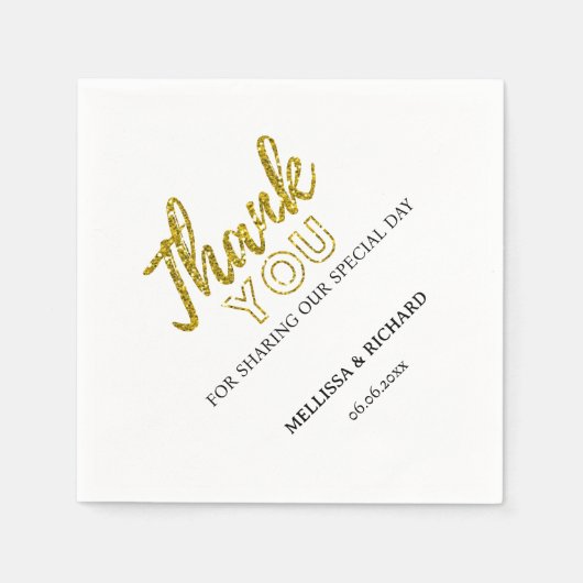 ブラックと金ゴールド結婚の皆様に感謝パーソナライズされた スタンダードカクテルナプキン (正面)