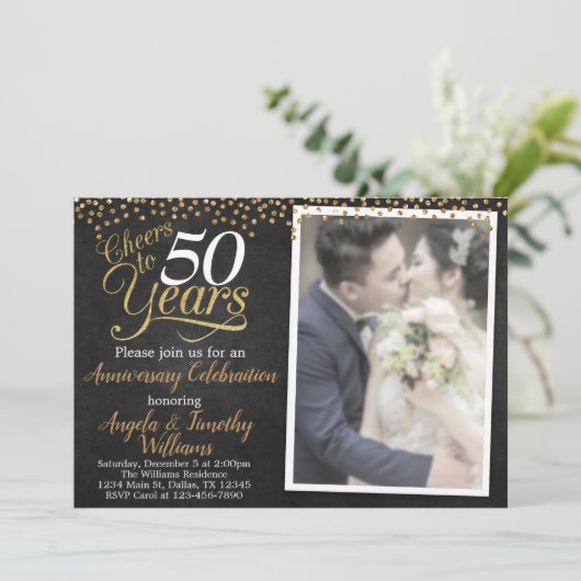 ブラックと金ゴールド結婚の記念日招待状 招待状 (スタンド正面)