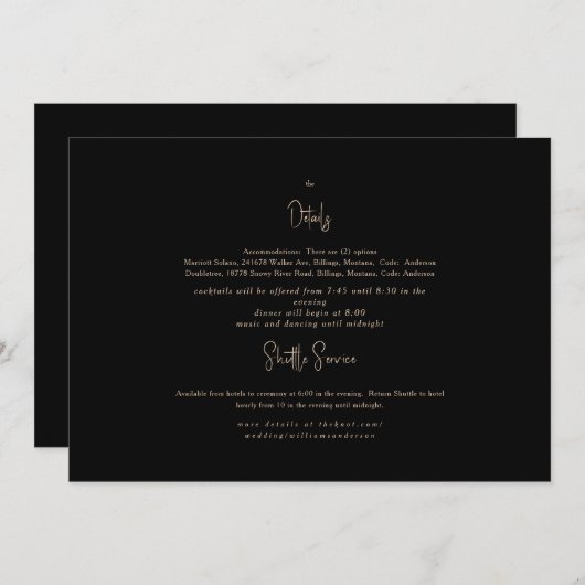 ブラックと金ゴールド結婚の詳細招待状 招待状 (正面/裏面)