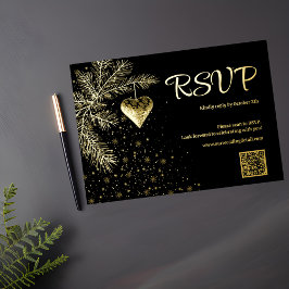 ブラックと金ゴールド結婚クリスマスのQRコードRSVP 箔シーズンカード