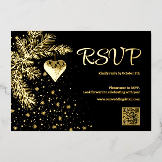 ブラックと金ゴールド結婚クリスマスのQRコードRSVP 箔シーズンカード (正面)