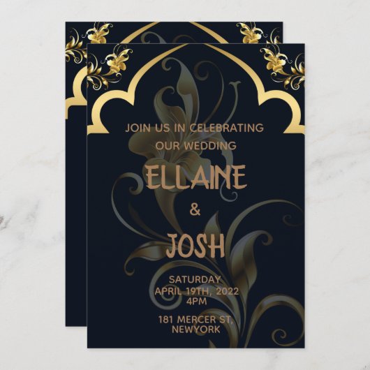 ブラックと金ゴールド結婚式招待状 招待状 (正面/裏面)