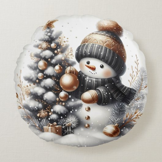 ブラックと金ゴールド雪だるま ラウンドクッション (正面)