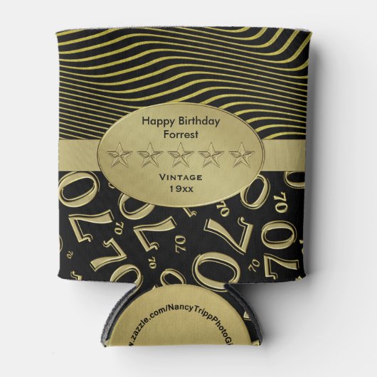 ブラックと金ゴールド70th誕生日パーティー番号パターン 缶クーラー (正面)