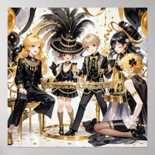 ブラックと金ゴールド、リッチラグジュアリー、ムーランルージュスタイル ポスター