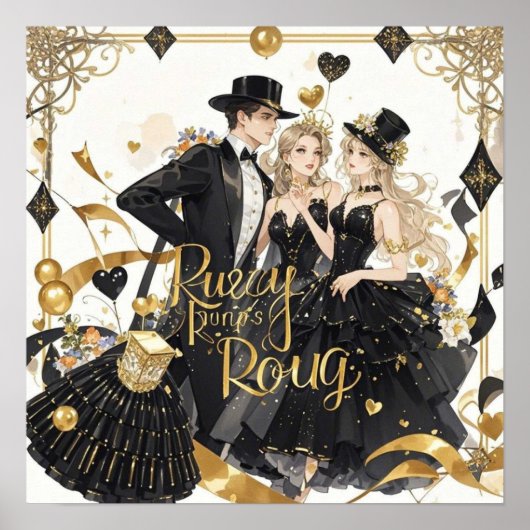 ブラックと金ゴールド、リッチラグジュアリー、ムーランルージュスタイル ポスター (正面)