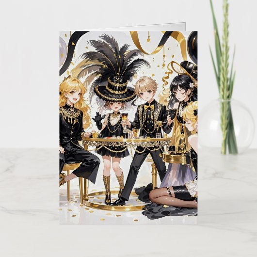 ブラックと金ゴールド、リッチラグジュアリー、ムーランルージュスタイル 箔グリーティングカード (正面)