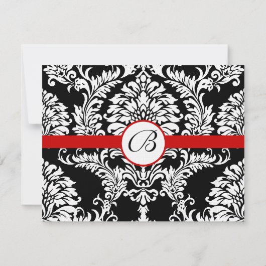 ブラックなダマスクの渦巻き 赤い縁取りの結婚式招待状 出欠カード (裏面)
