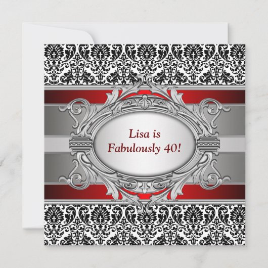 ブラックなダマスクの素敵な40歳の誕生日パーティー 招待状 (正面)