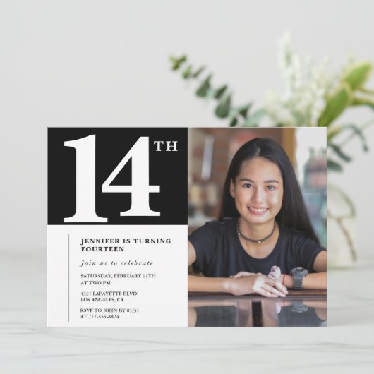 ブラックな14歳の誕生日招待状 おしゃれ女子フォト 招待状 (スタンド正面)