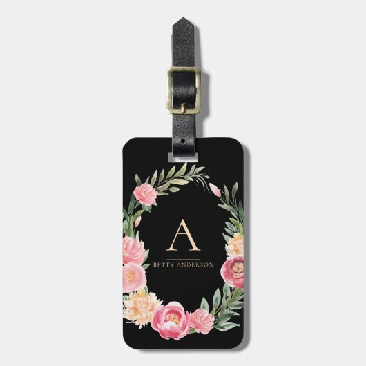 ブラックにウォーターカラーボホフラワーのモノグラム | シックなデザイン ラゲッジタグ (正面縦)