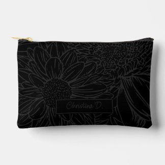 ブラックにグレーのキクの花＋名前入り アクセサリーポーチ