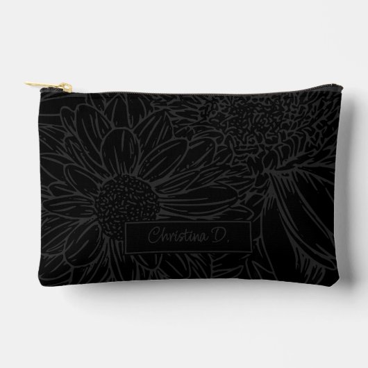 ブラックにグレーのキクの花＋名前入り アクセサリーポーチ (正面)