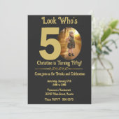 ブラックにゴールドと写真 50歳の誕生日 招待状 (スタンド正面)