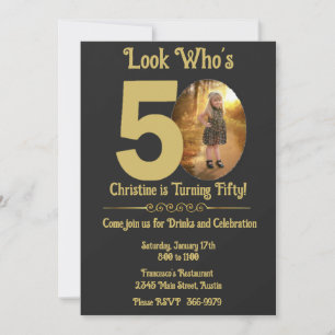 ブラックにゴールドと写真 50歳の誕生日 招待状