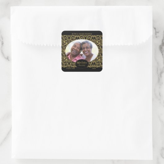 ブラックにゴールドの渦巻き 50周年記念写真 スクエアシール (バッグ)