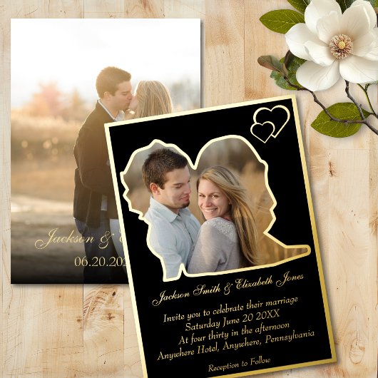 ブラックにゴールドの花嫁と花婿のシルエット写真 ウェディング 箔招待状
