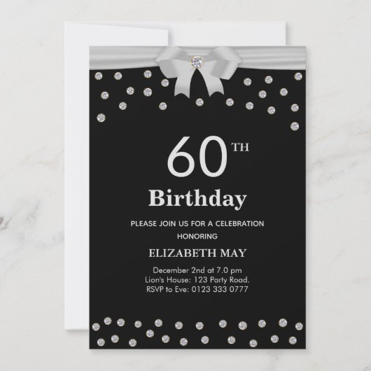 ブラックにダイヤモンドが輝く大人っぽい40歳・60歳の誕生日 招待状 (正面)