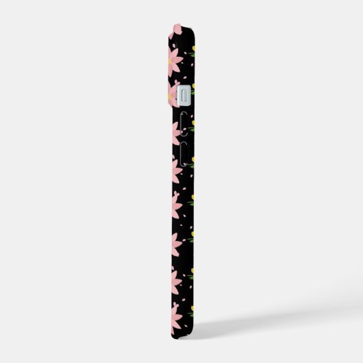 ブラックにピンクとイエローの春の花柄 - i iPhone 15ケース (左側面)