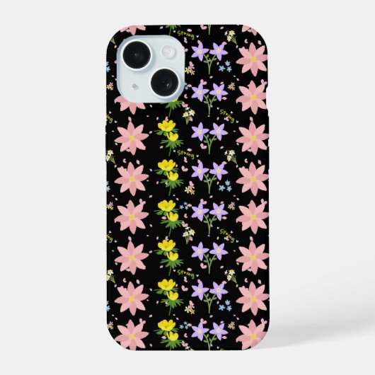 ブラックにピンクとイエローの春の花柄 - i iPhone 15ケース (裏面)