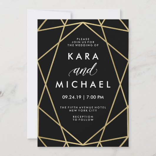 ブラックにフェイクゴールドのモダン幾何学ウェディング 招待状 (正面)