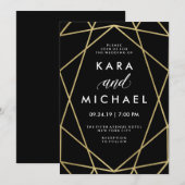 ブラックにフェイクゴールドのモダン幾何学ウェディング 招待状 (正面/裏面)