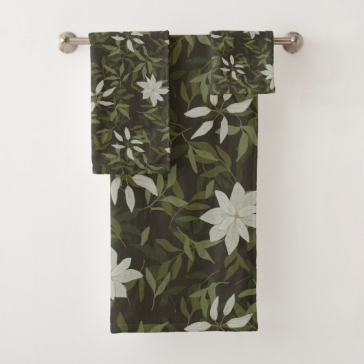 ブラックにマグノリア葉とグリーン バスタオルセット (インサイチュ)