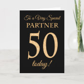 ブラックに対するシックな50番目の金ゴールド効果，パートナー誕生日 カード (正面)