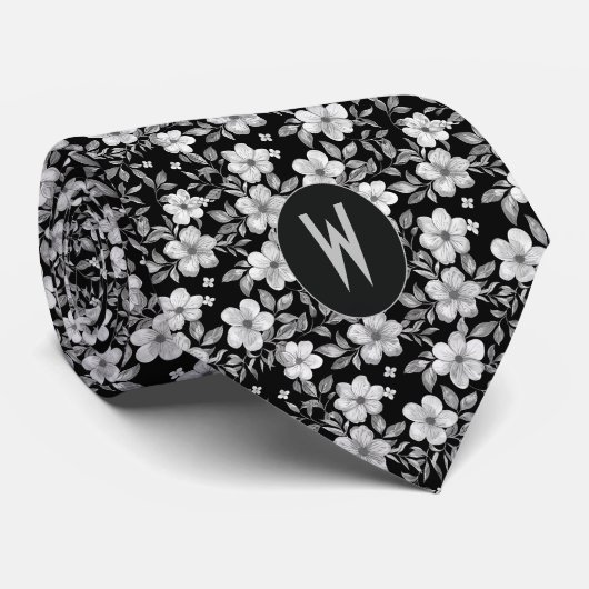 ブラックに白の花柄のネクタイ ネクタイ (ロール)