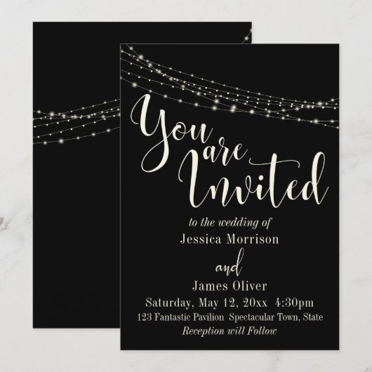 ブラックに輝くライトのウェディング タイポグラフィ 招待状 (正面/裏面)