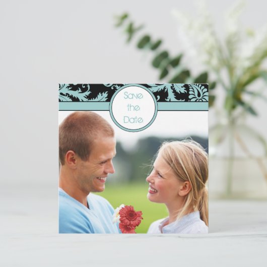 ブラックのアクアブルーダマスク ウェディング招待状 招待状 (スタンド正面)