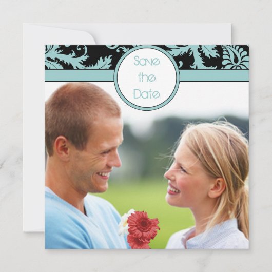 ブラックのアクアブルーダマスク ウェディング招待状 招待状 (正面)