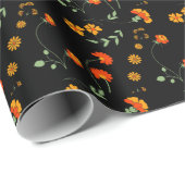ブラックのオレンジと黄色の花 ラッピングペーパー (ロールコーナー)